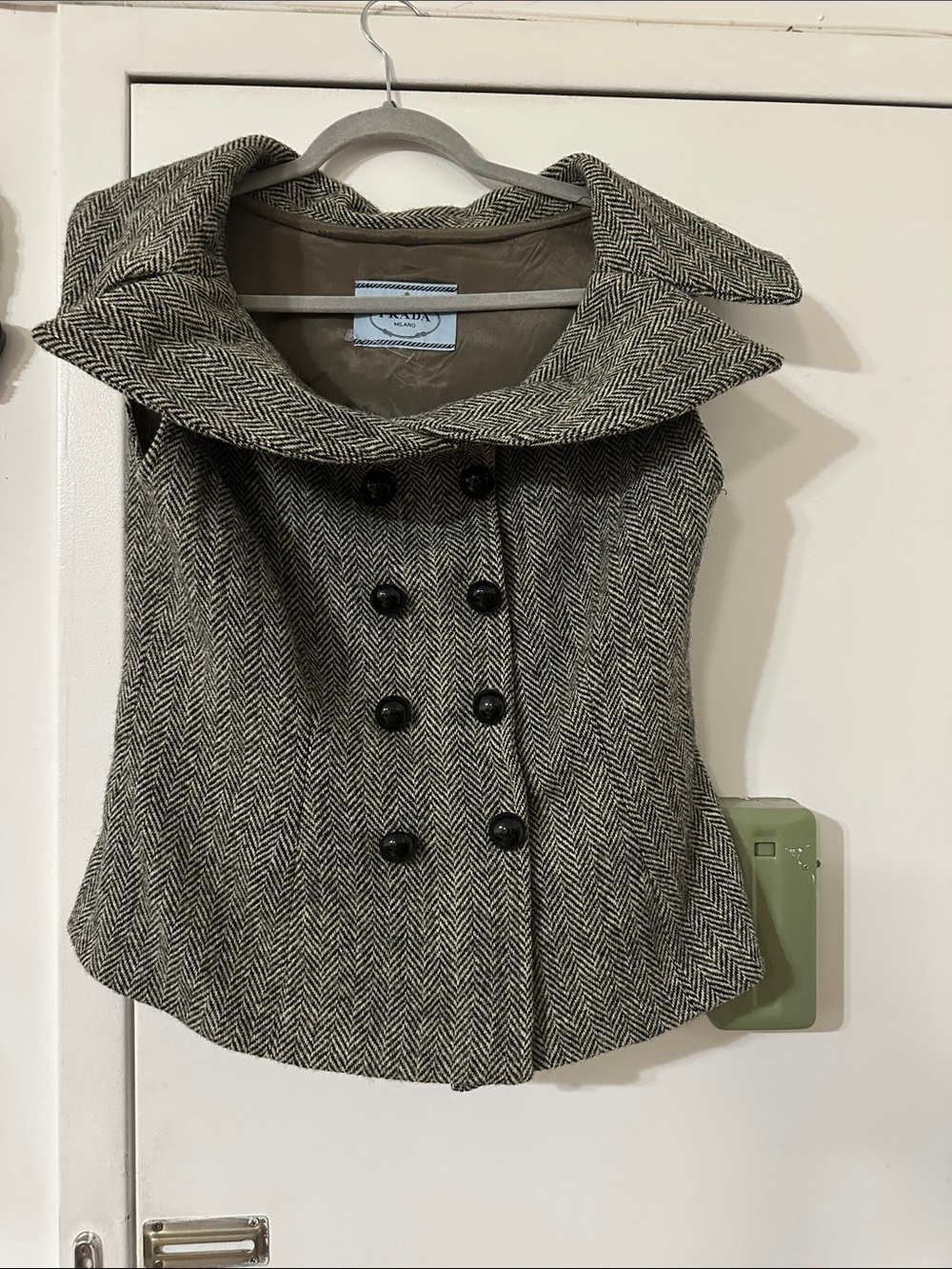 Prada Herringbone Double-Breasted Wool Blend Cape Jacket in Black & White